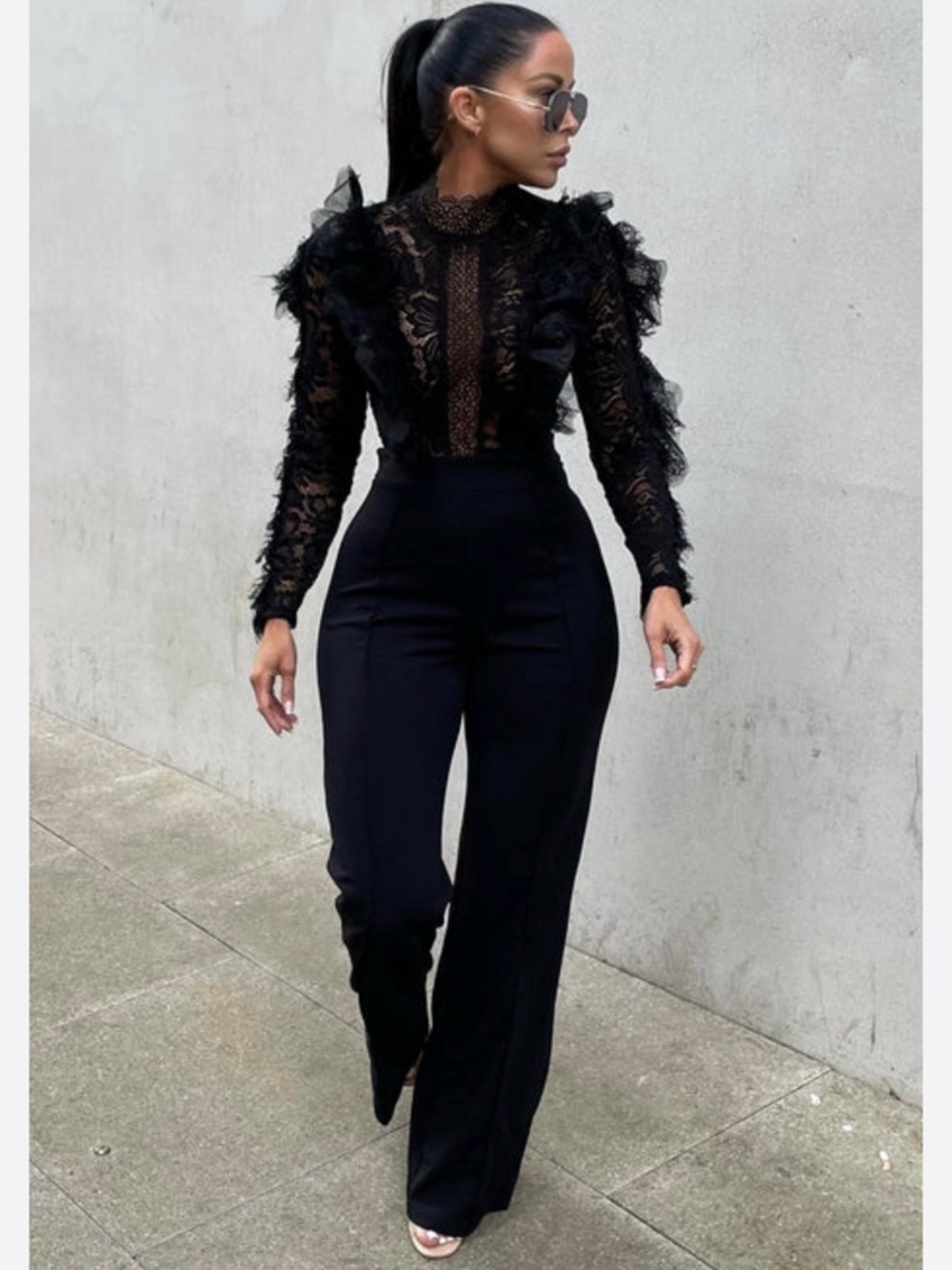Fashion Nova Black Lace Long Sleeve Jumpsuit